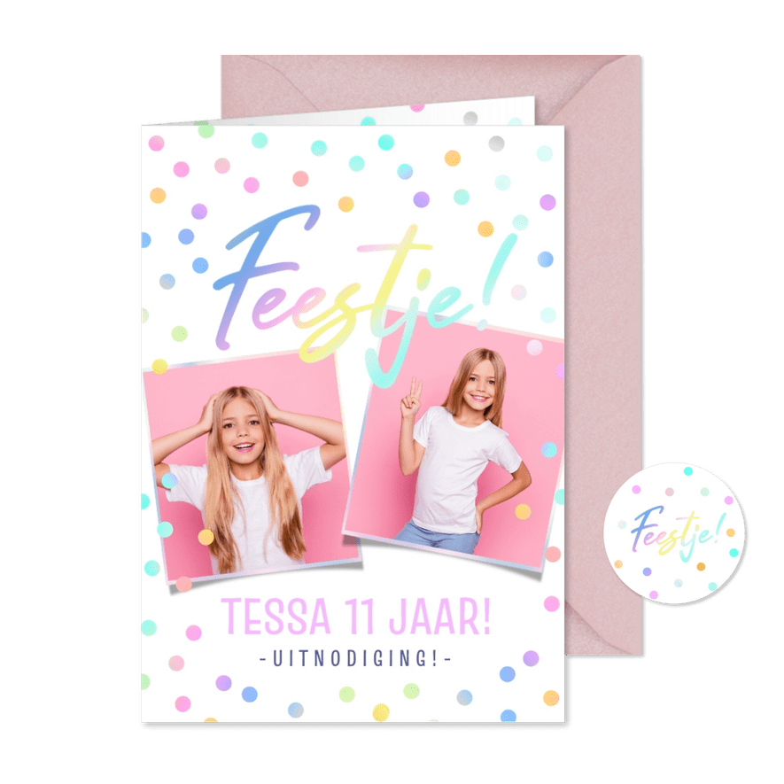 Hippe en vrolijke uitnodiging kinderfeestje meiden  - Kaartimpressie
