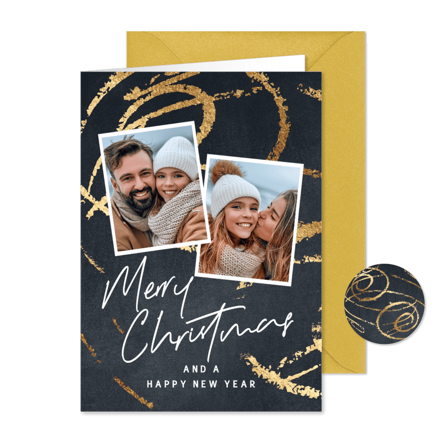 Hippe foto kerstkaart gouden verfstrepen - Kaartimpressie