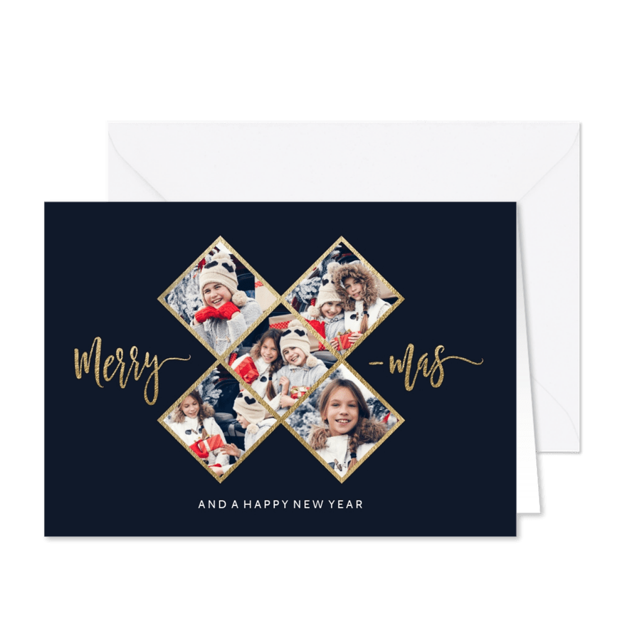 Hippe fotocollage kerstkaart met 5 fotos gouden X - Kaartimpressie