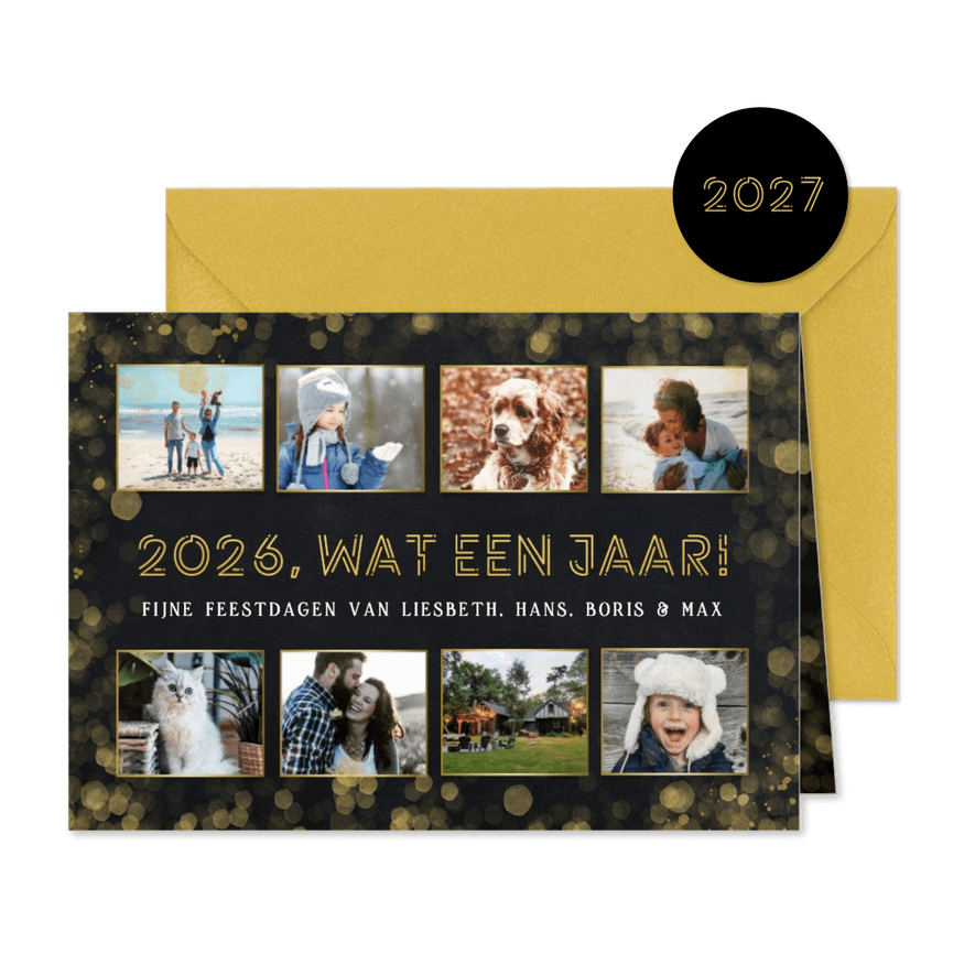 Hippe fotocollage kerstkaart zwart - terugblik op 2026 - Kaartimpressie