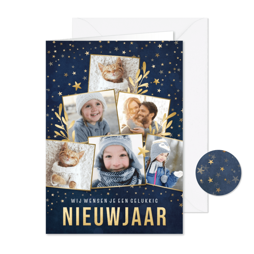 Hippe fotocollage nieuwjaarskaart gouden sterren en takjes - Kaartimpressie