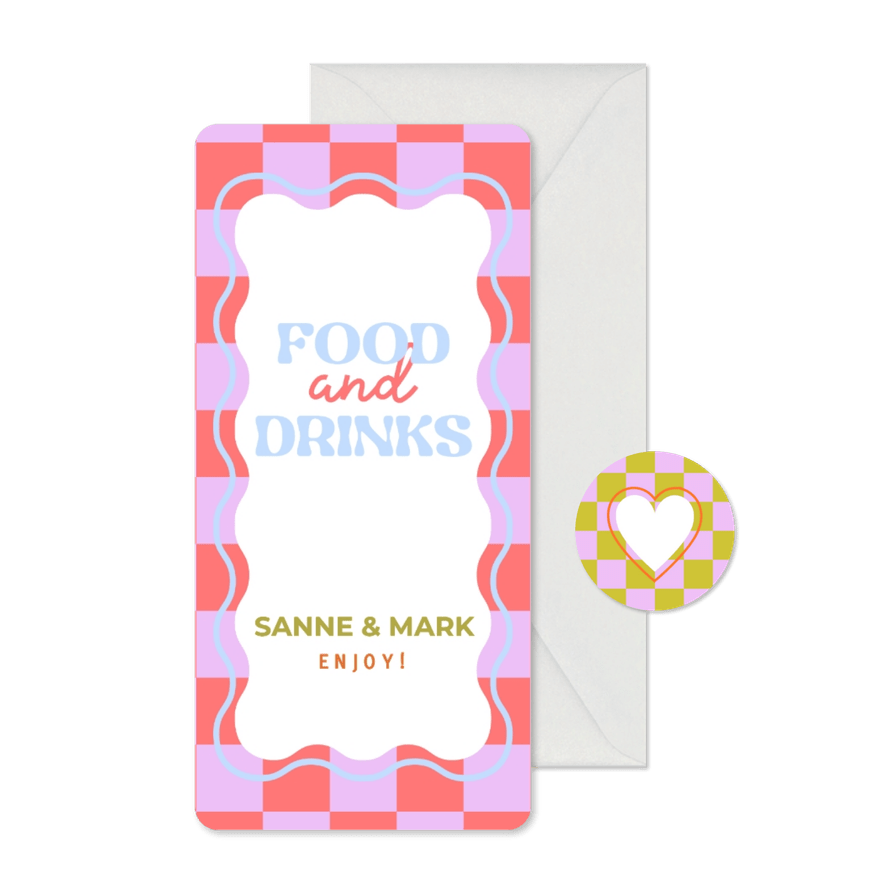 Hippe gekleurde menukaart trouwdag met wave en blokjes - Kaartimpressie