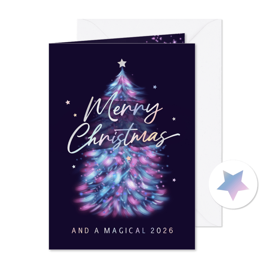 Hippe holografische zakelijke kerstkaart kerstboom neon - Kaartimpressie