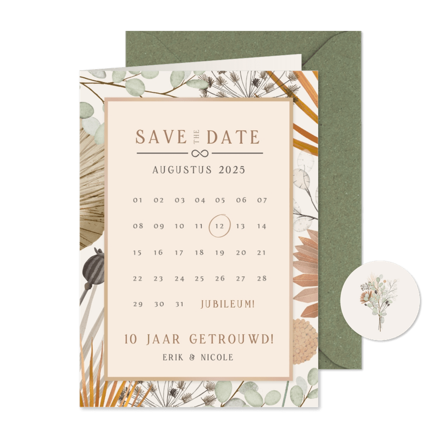 Hippe jubileum save the date kaart met kalender en bloemen - Kaartimpressie