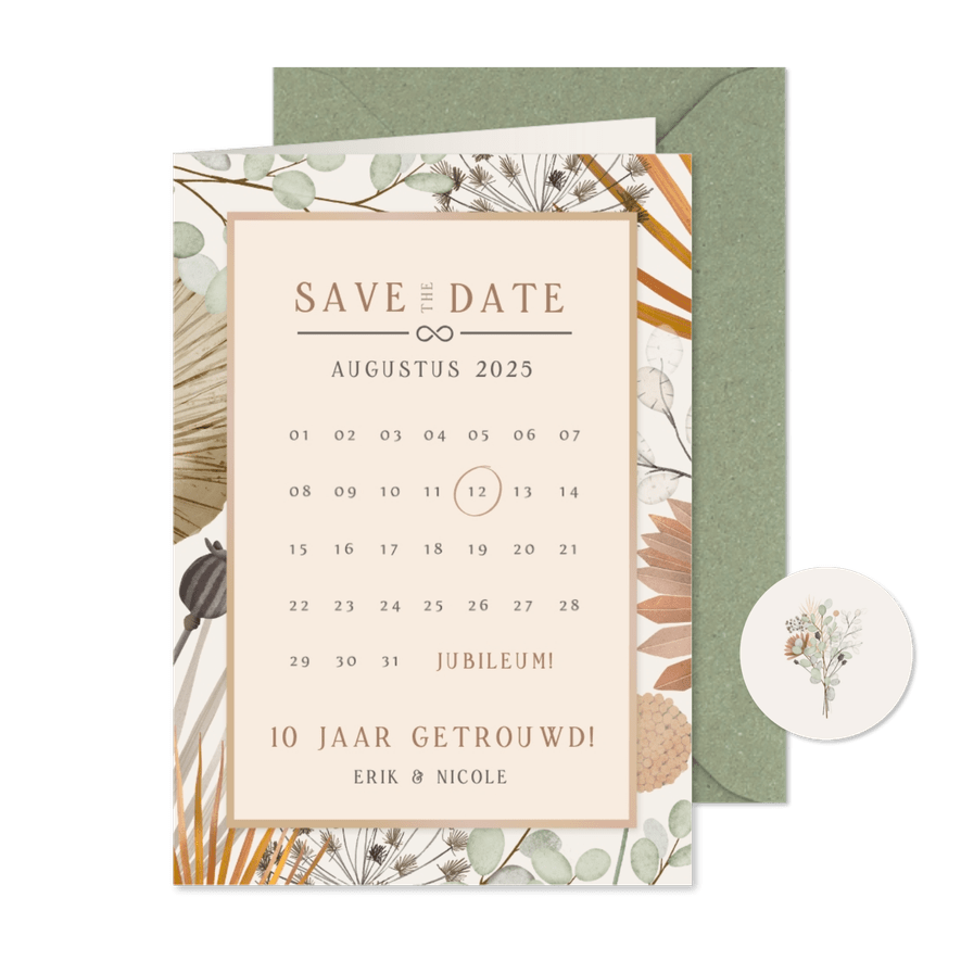 Hippe jubileum save the date kaart met kalender en bloemen - Kaartimpressie