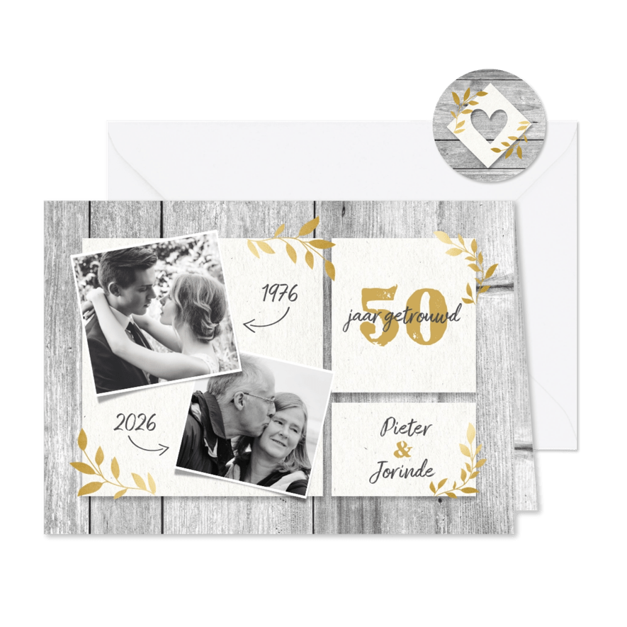 Hippe jubileumkaart 50 jaar met hout, gouden takjes & foto's - Kaartimpressie