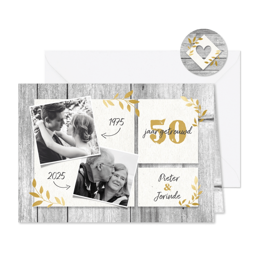 Hippe jubileumkaart 50 jaar met hout, gouden takjes & foto's - Kaartimpressie