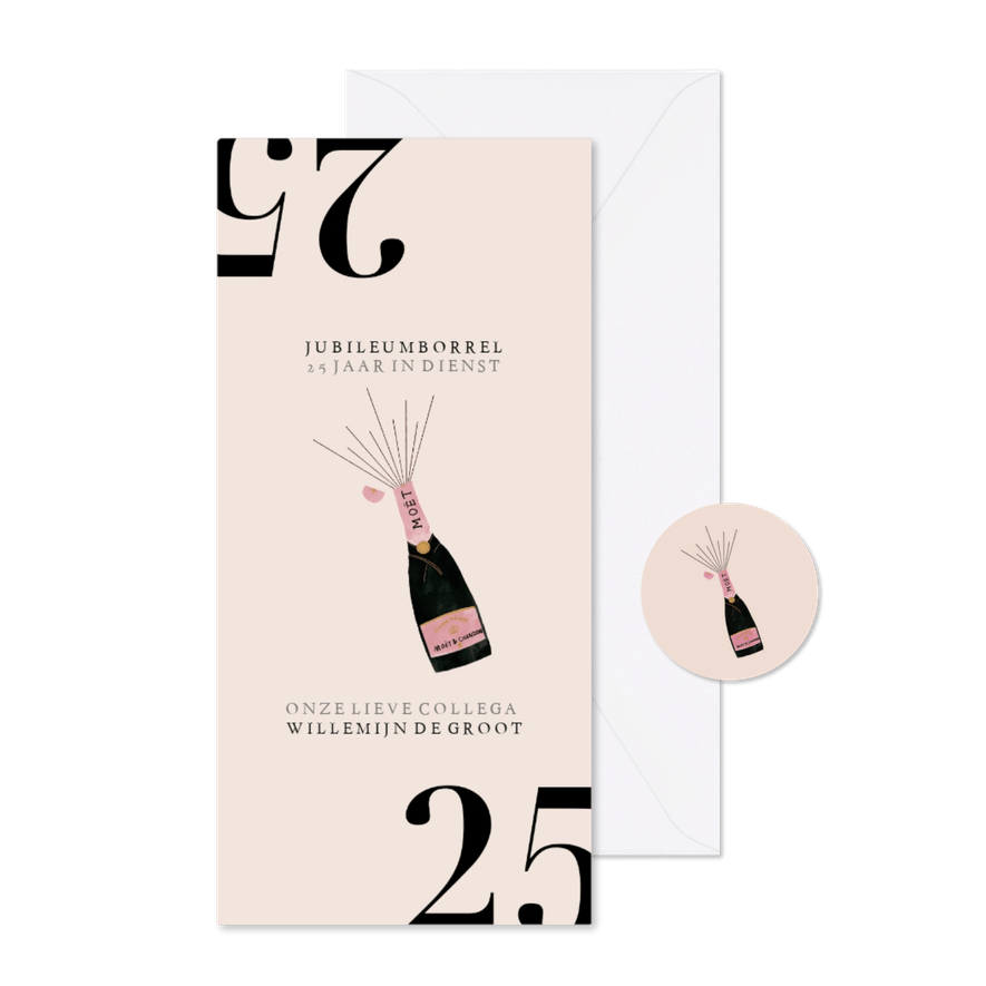 Hippe jubileumkaart medewerker 25 jaar met champagnefles - Kaartimpressie