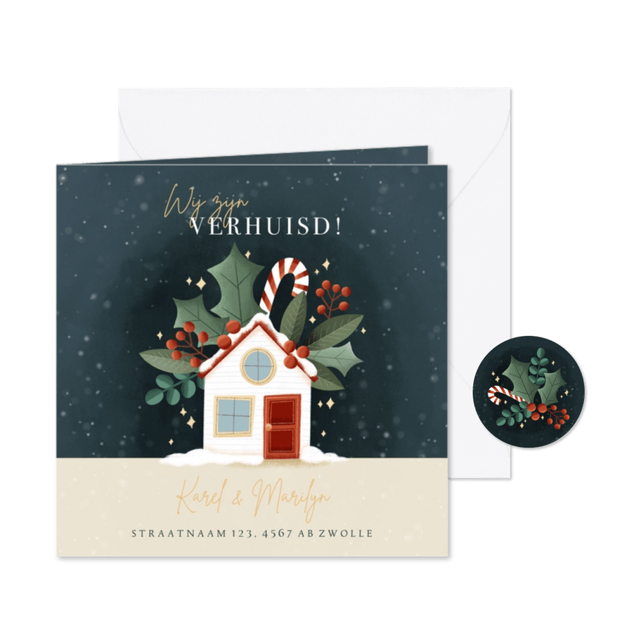 Hippe kerst verhuiskaart met huisje, hulst en zuurstokken - Kaartimpressie