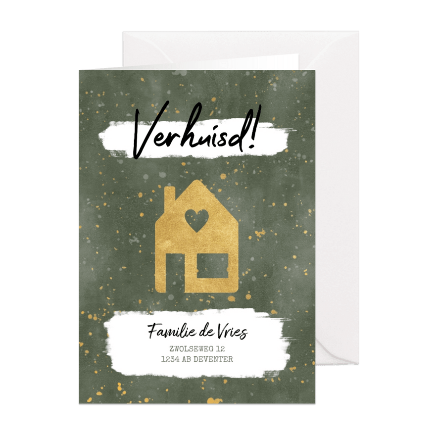 Hippe kerst verhuiskaart met huisje, verf en gouden spetters - Kaartimpressie