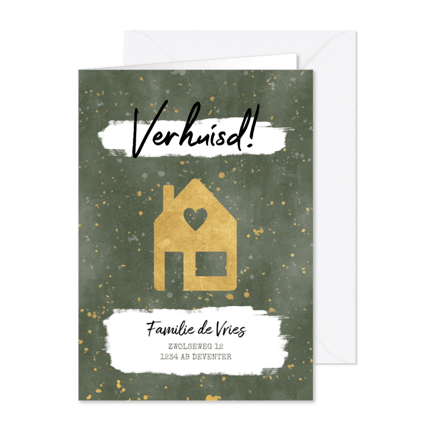 Hippe kerst verhuiskaart met huisje, verf en gouden spetters - Kaartimpressie