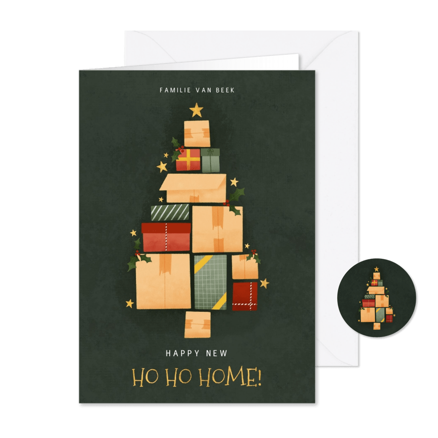 Hippe kerst verhuiskaart met kerstboom van dozen en sterren - Kaartimpressie