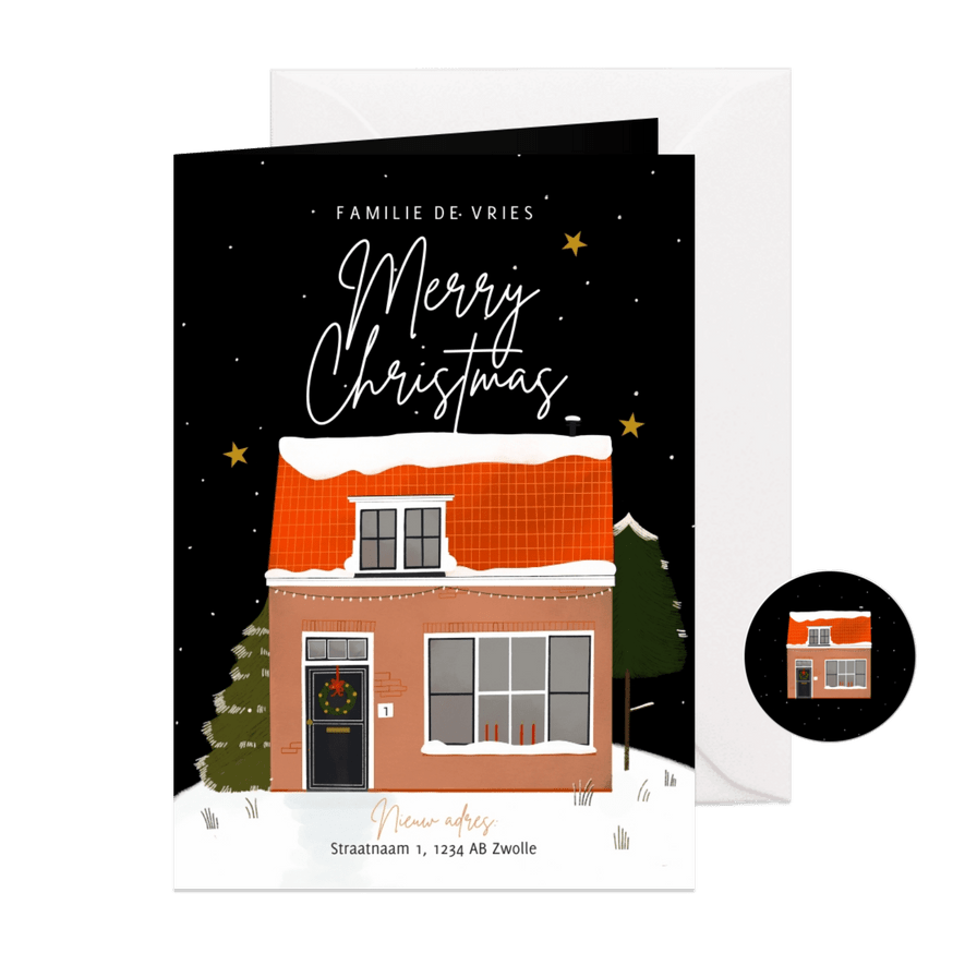 Hippe kerst-verhuiskaart nieuwe woning sneeuw merrychristmas - Kaartimpressie