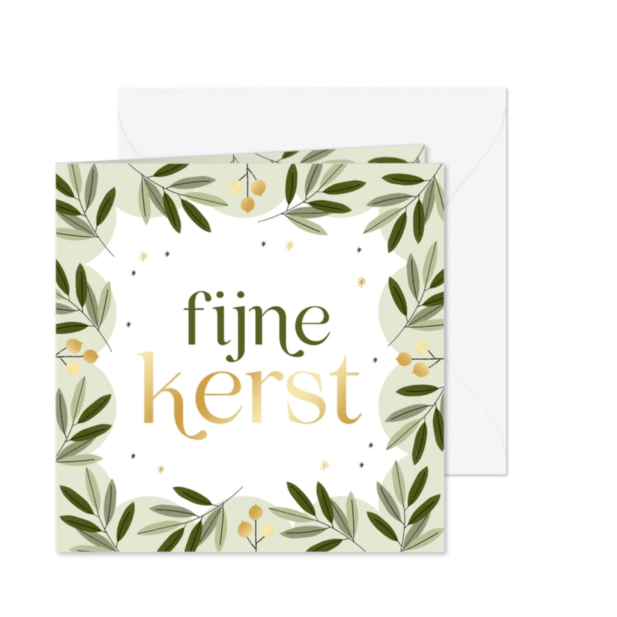 Hippe kerstkaart bladeren goudlook besjes fijne kerst - Kaartimpressie