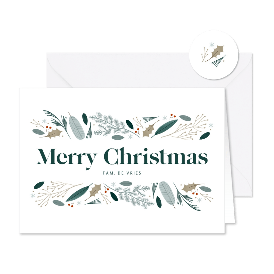 Hippe kerstkaart botanisch merry christmas - Kaartimpressie