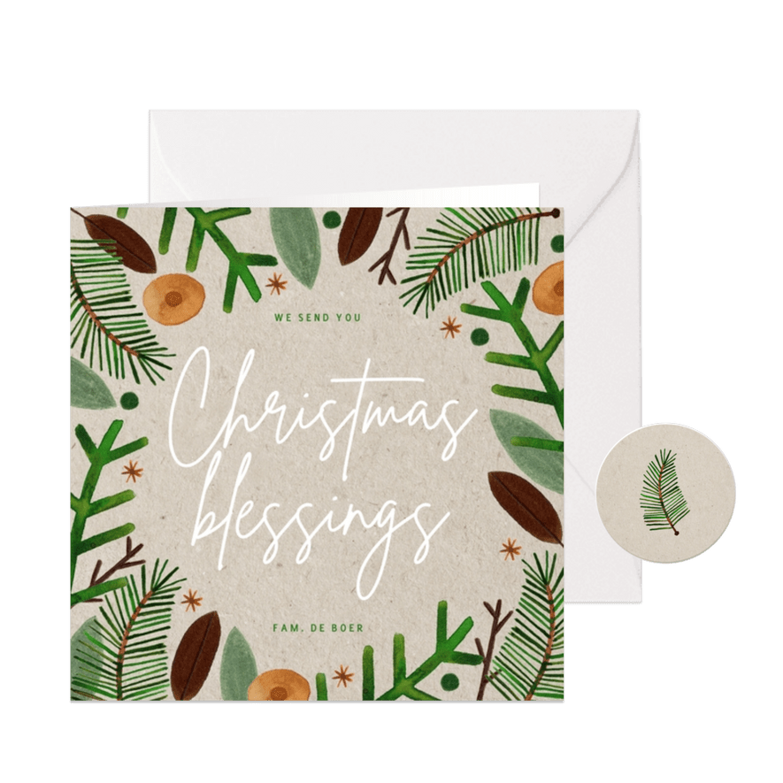 Hippe kerstkaart Christmas Blessings groene takjes op papier - Kaartimpressie