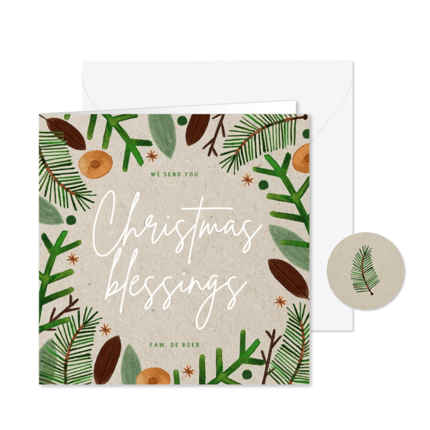 Hippe kerstkaart Christmas Blessings groene takjes op papier - Kaartimpressie