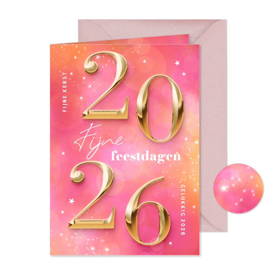 Hippe kerstkaart cijfers 2026 goud roze sprankelend - Kaartimpressie