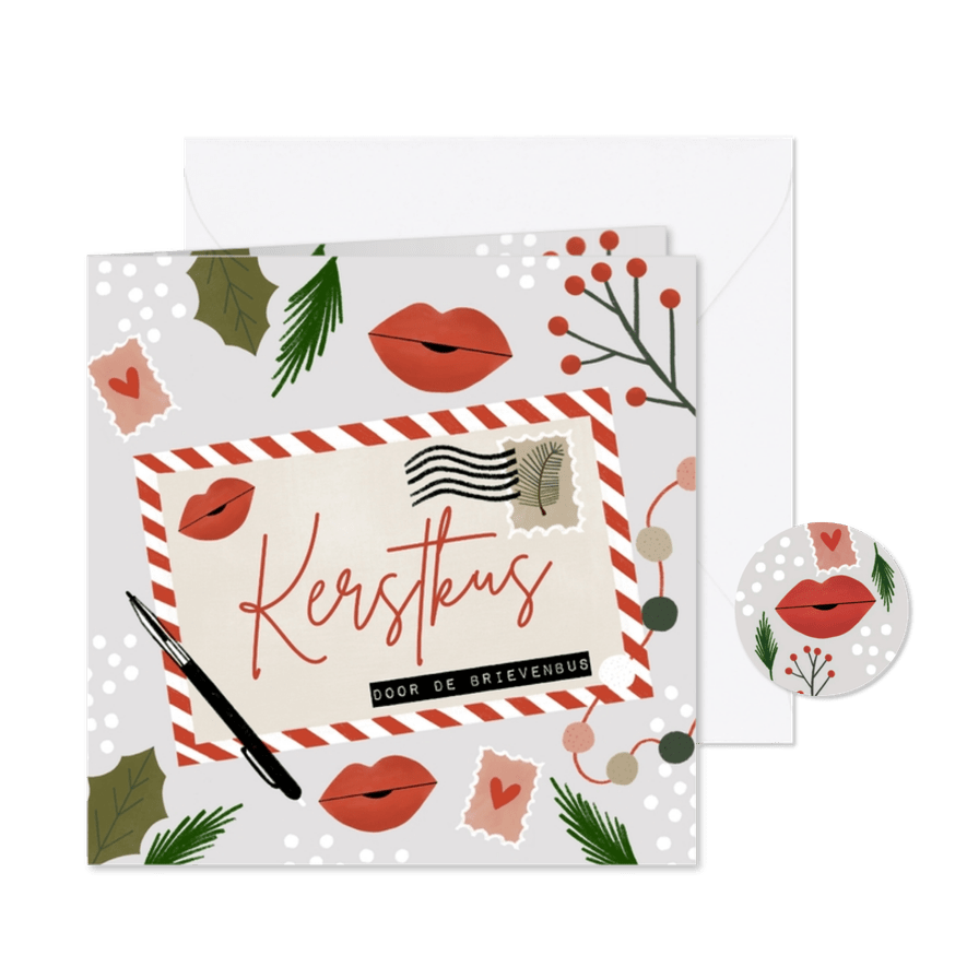 Hippe kerstkaart een kerstkus door de brievenbus  - Kaartimpressie