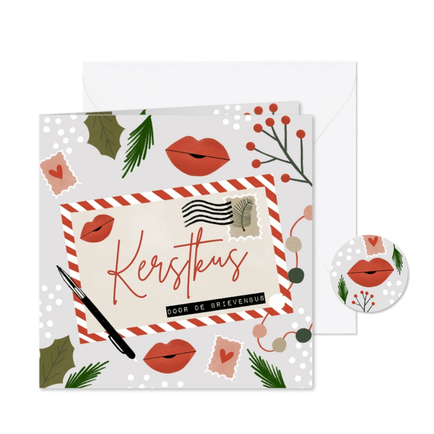 Hippe kerstkaart een kerstkus door de brievenbus - Kaartimpressie