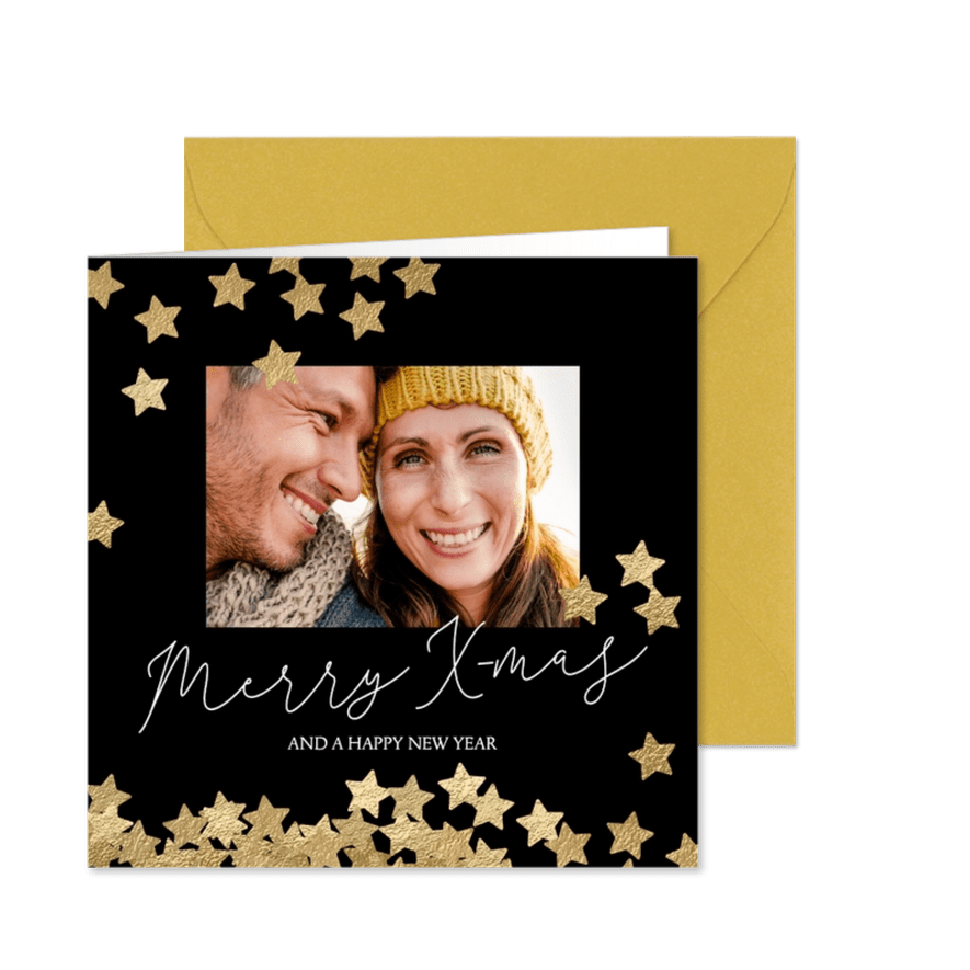 Hippe kerstkaart foto gouden sterren confetti - Kaartimpressie