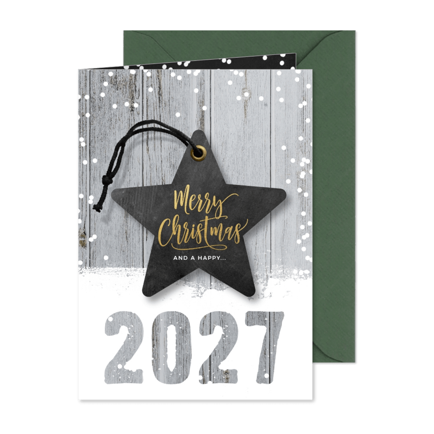 Hippe kerstkaart hout en ster 2027 - Kaartimpressie