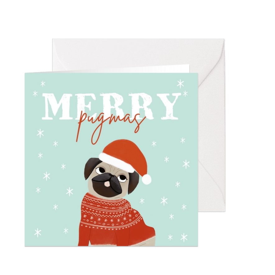 Hippe kerstkaart humor merry pugmas hondje kerstmuts en trui - Kaartimpressie