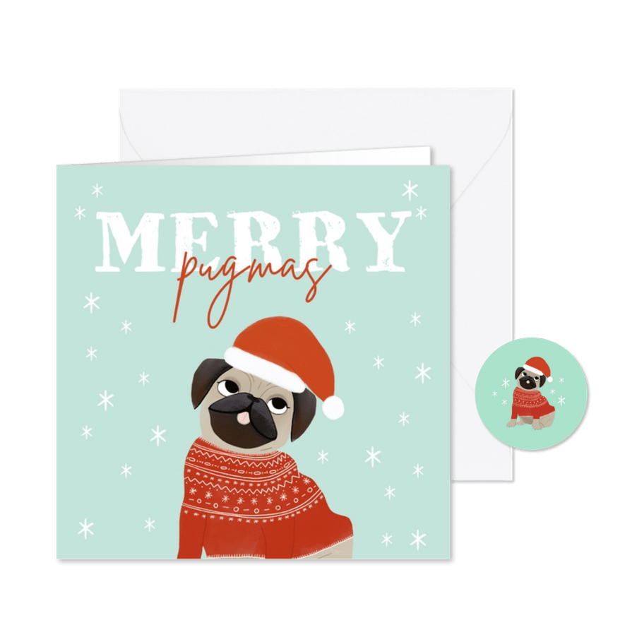 Hippe kerstkaart humor merry pugmas hondje kerstmuts en trui - Kaartimpressie