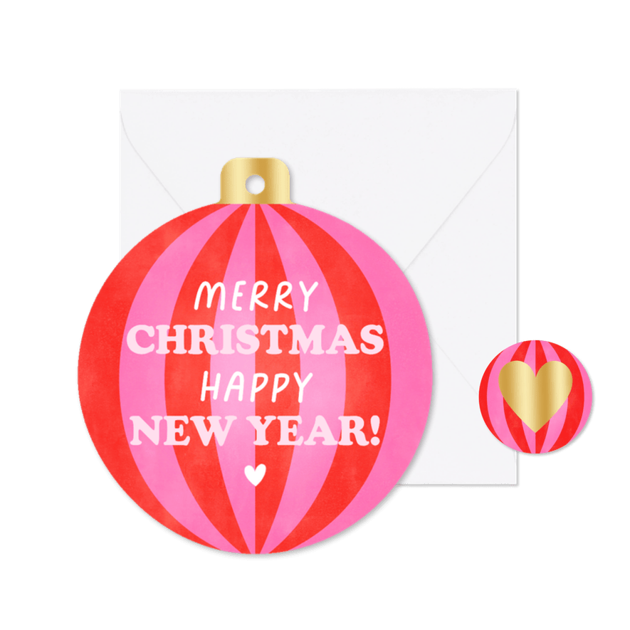 Hippe kerstkaart in kerstbalvorm streepjes en typografie - Kaartimpressie