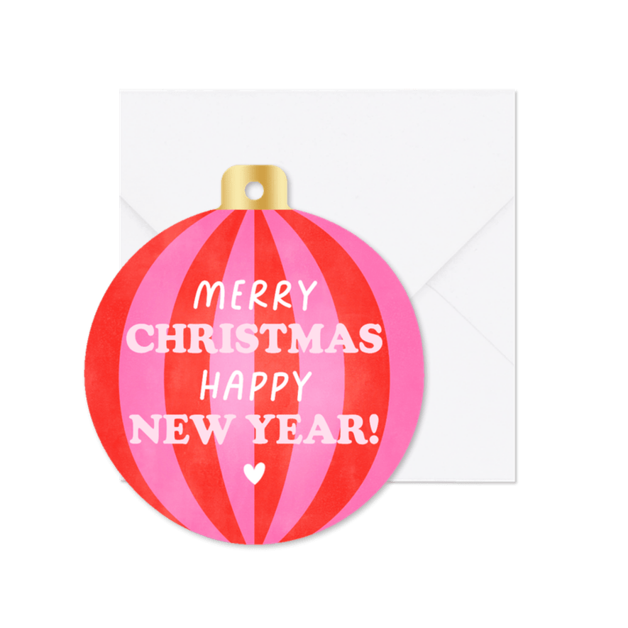 Hippe kerstkaart in kerstbalvorm streepjes en typografie - Kaartimpressie