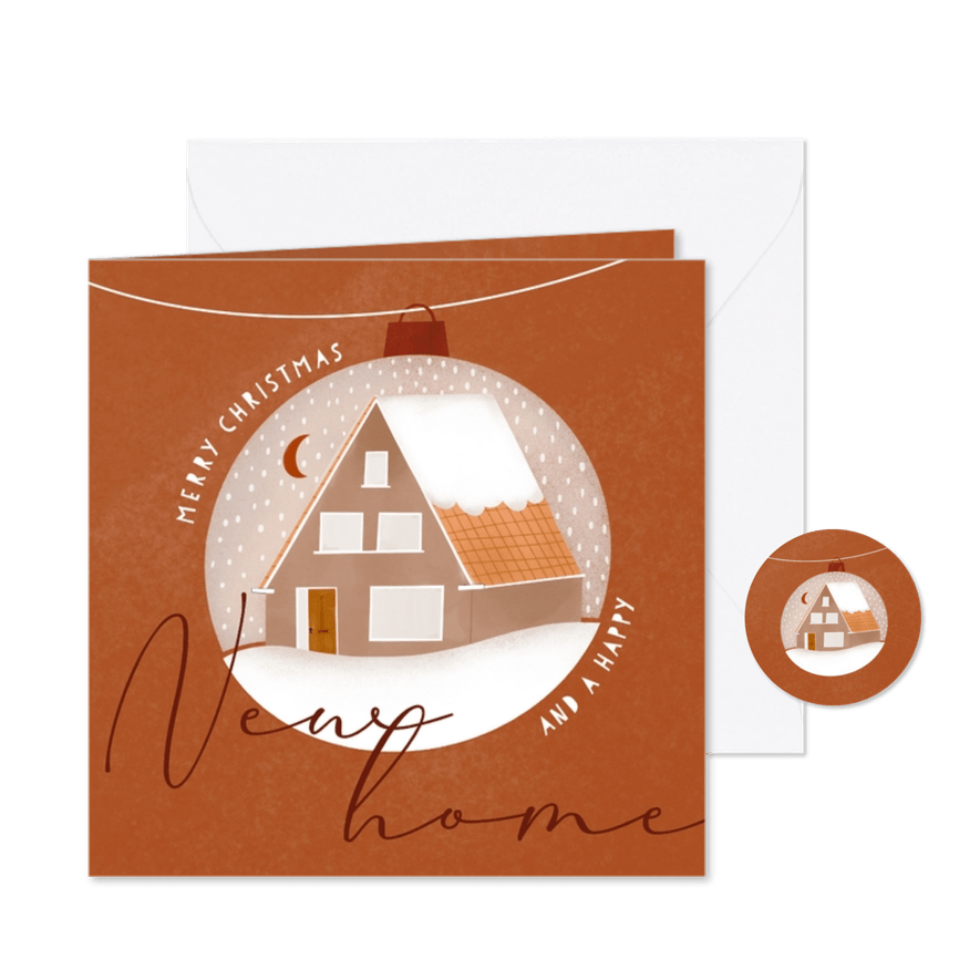 Hippe kerstkaart kerstbal met huisje en sneeuw new home - Kaartimpressie