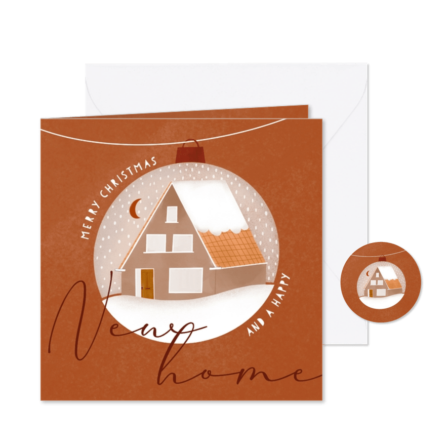 Hippe kerstkaart kerstbal met huisje en sneeuw new home - Kaartimpressie