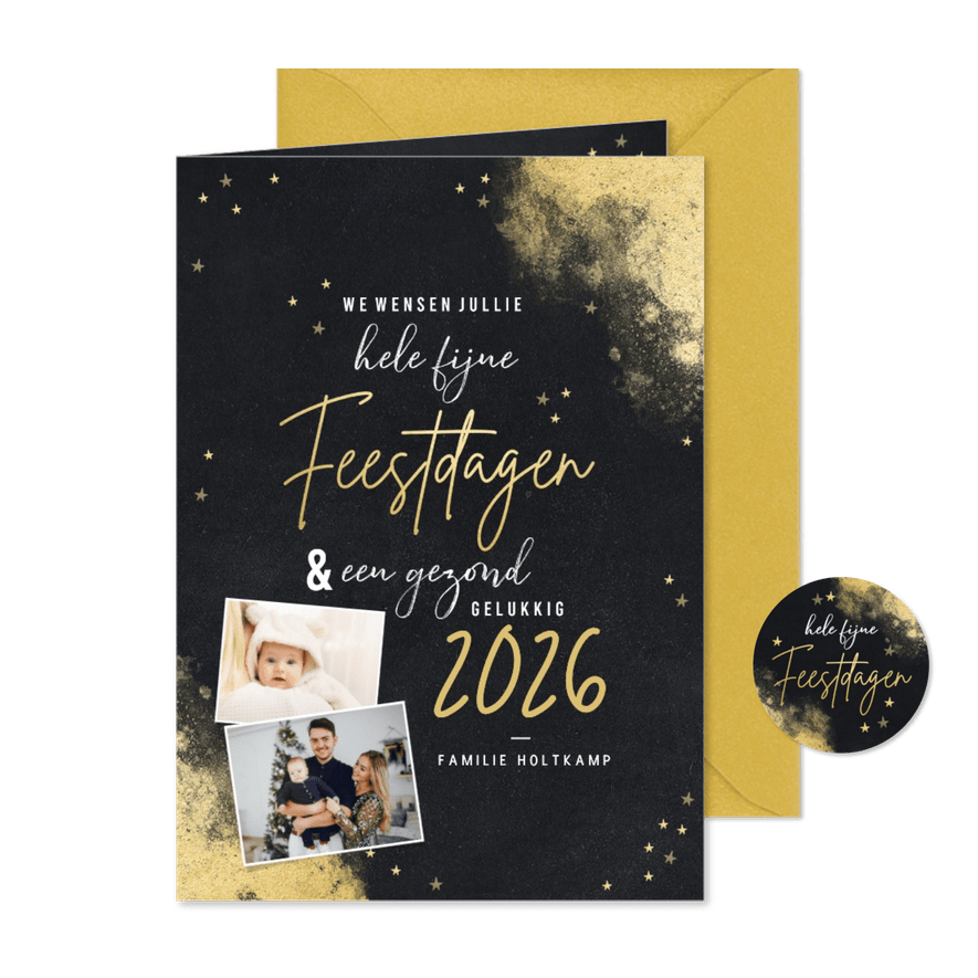 Hippe kerstkaart krijtbord goudlook feestdagen en foto's - Kaartimpressie
