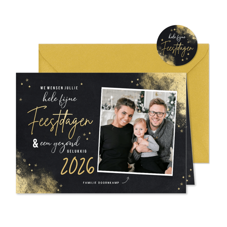 Hippe kerstkaart krijtbord met goudlook foto en typografie - Kaartimpressie