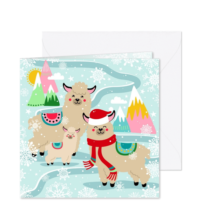 Hippe kerstkaart met alpaca in de sneeuw - Kaartimpressie