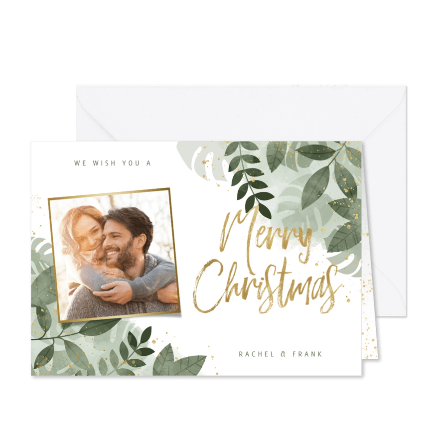 Hippe kerstkaart met botanische print, waterverf en foto - Kaartimpressie