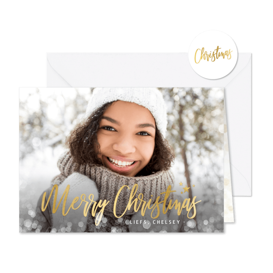 Hippe kerstkaart met een grote eigen foto en sneeuwkader - Kaartimpressie