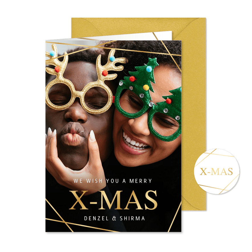 Hippe kerstkaart met eigen foto en geometrische strepen goud - Kaartimpressie