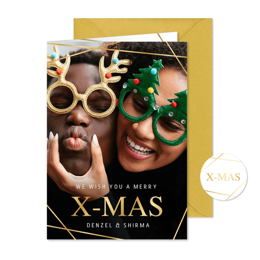 Hippe kerstkaart met eigen foto en geometrische strepen goud - Kaartimpressie