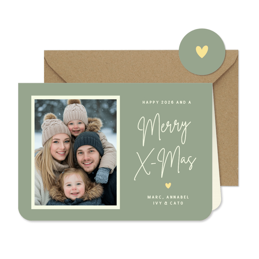 Hippe kerstkaart met eigen foto, namen & Merry X-mas - Kaartimpressie