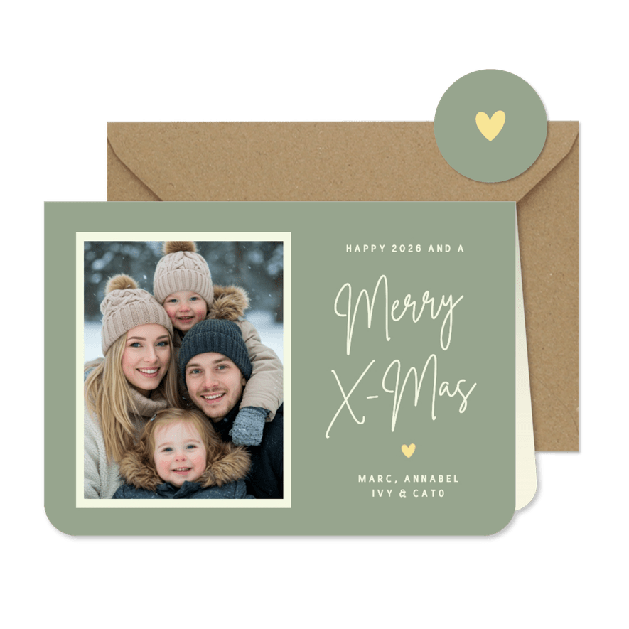 Hippe kerstkaart met eigen foto, namen & Merry X-mas - Kaartimpressie