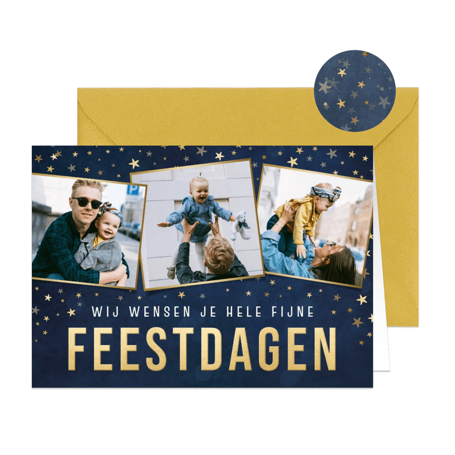 Hippe kerstkaart met goudlook sterren en 3 eigen foto's - Kaartimpressie