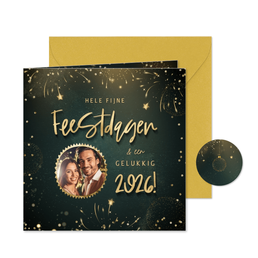 Hippe kerstkaart met goudlook tekst, eigen foto en vuurwerk - Kaartimpressie