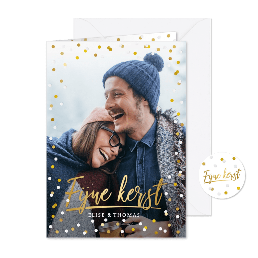Hippe kerstkaart met grote foto en goud met witte confetti - Kaartimpressie