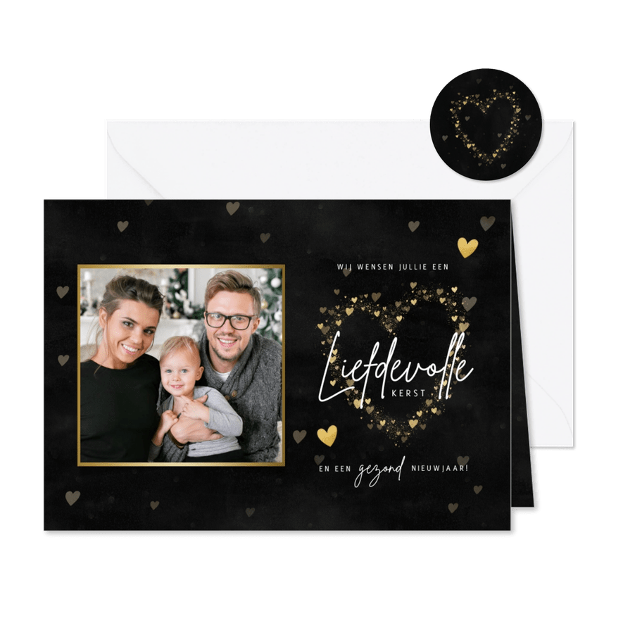 Hippe kerstkaart met hartjes, foto en liefdevolle kerst - Kaartimpressie