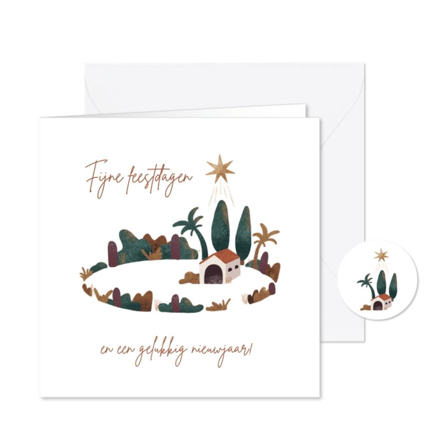 Hippe kerstkaart met landschap en huisje - Kaartimpressie