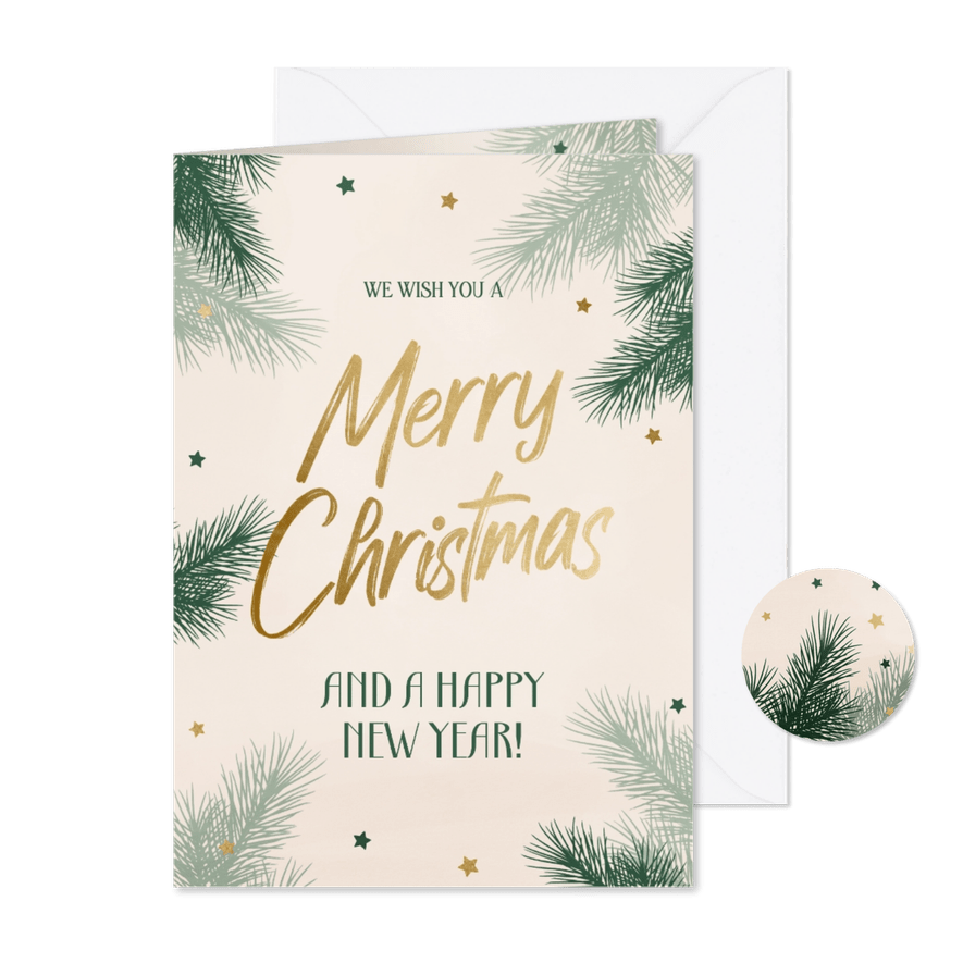 Hippe kerstkaart met sterren en groene dennentakjes - Kaartimpressie