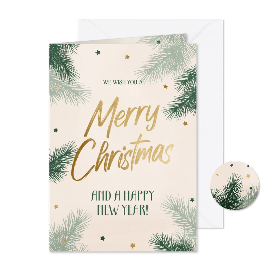 Hippe kerstkaart met sterren en groene dennentakjes - Kaartimpressie