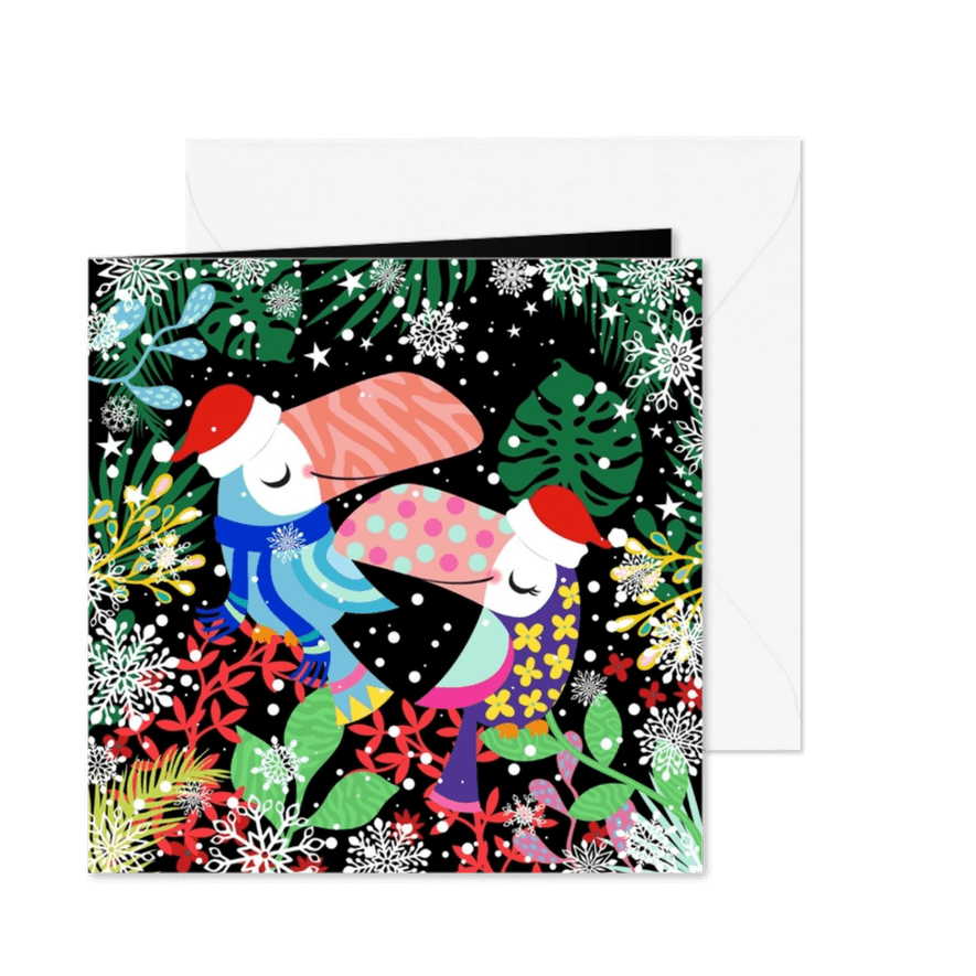 Hippe kerstkaart met toekans en planten in de sneeuw - Kaartimpressie