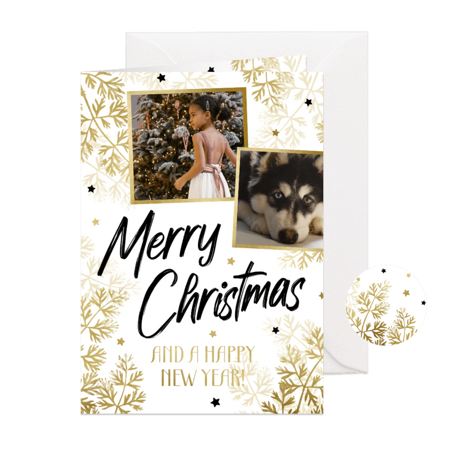 Hippe kerstkaart met twee foto's en goudlook takjes wit - Kaartimpressie